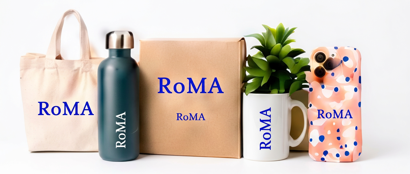 Custom branded merchandise group: tote bag, bottle, mug and printed boxes