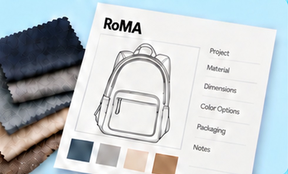 Stacked material swatches beside a RoMA backpack specification sheet